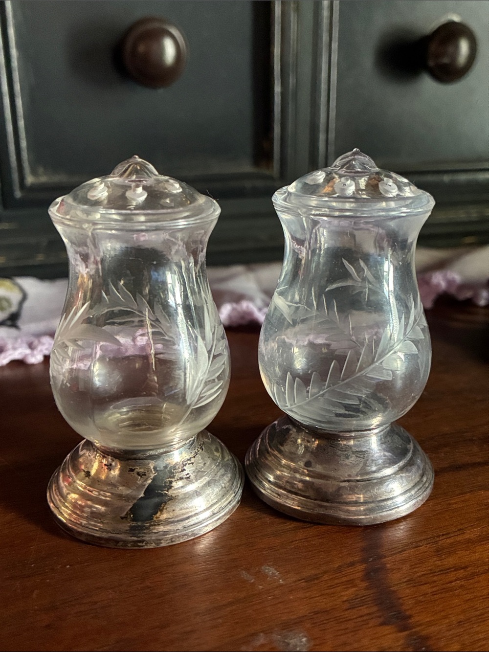 Antique Etched Glass Salt and Pepper Shakers with Sterling Silver Bases
